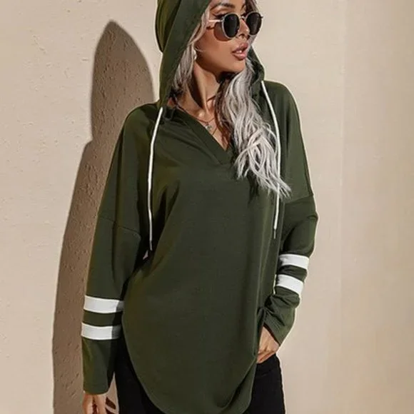 Coeur de Vague | Army Green & White Stripe Drawstring V-Neck Hoodie L - Picture 3 of 3